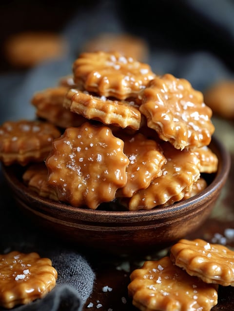 A bowl filled with caramel-covered crackers.