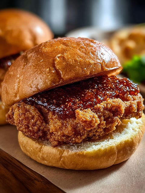 A sandwich packed with crispy hot honey chicken.