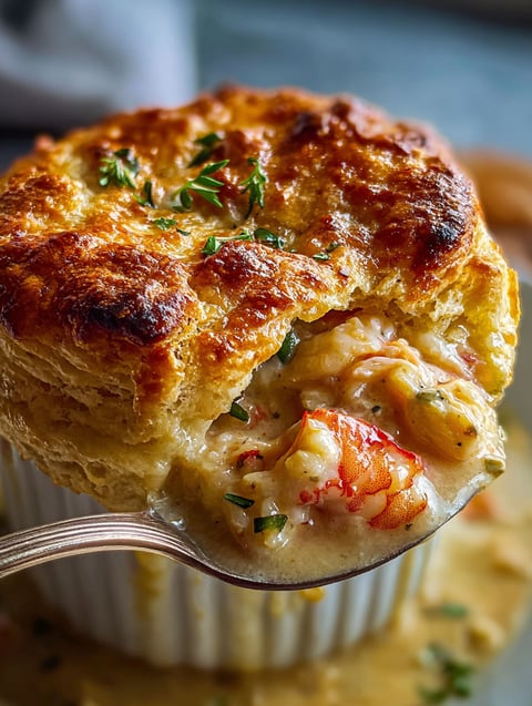 Close-up shot of a golden cheddar bay biscuit pot filled with seafood.