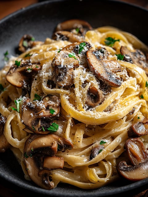 Pasta plate with mushrooms and leeks