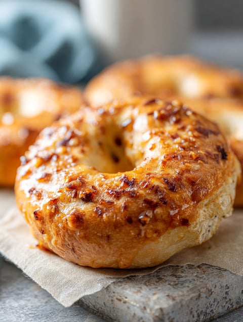 Two bagels with a maple glaze on a table.
