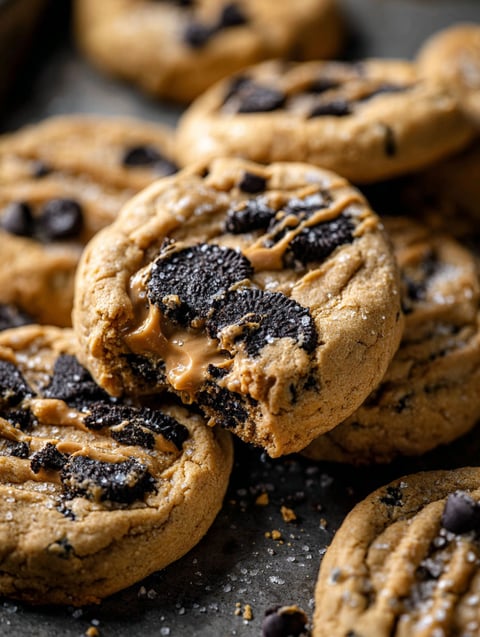 Close view of a cookie loaded with peanut butter and chocolate chips.