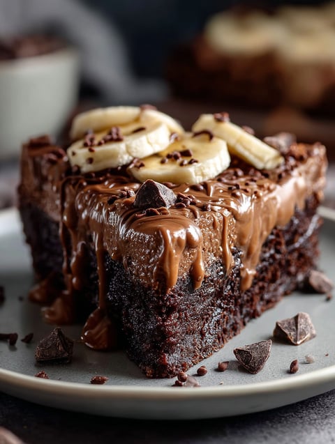 Slice of chocolate cake topped with bananas.