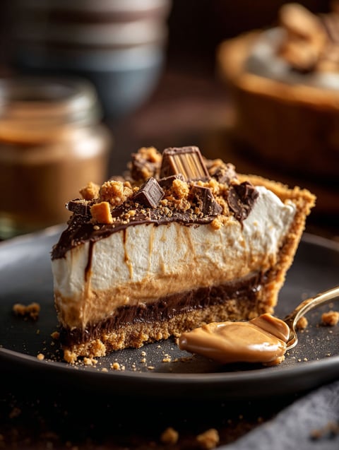 Slice of a peanut butter and chocolate pie.