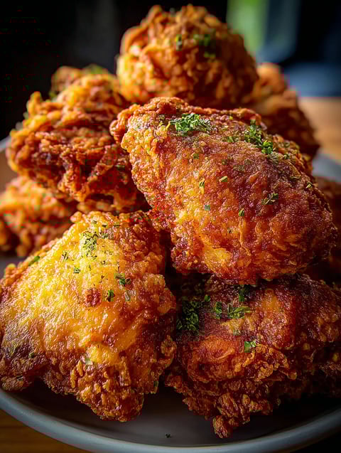 Plate showing crispy Irish oven-fried chicken thighs.