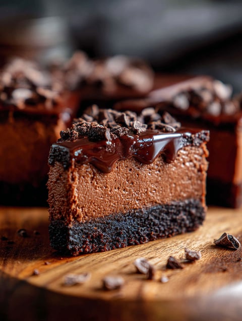 A slice of chocolate cheesecake bar.