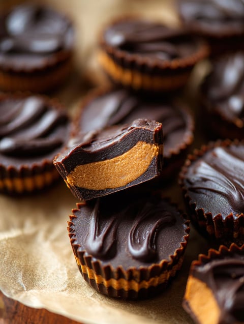 Pumpkin chocolate cups sitting on a table.