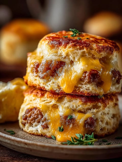 Plate stacked with sausage cheese biscuits.
