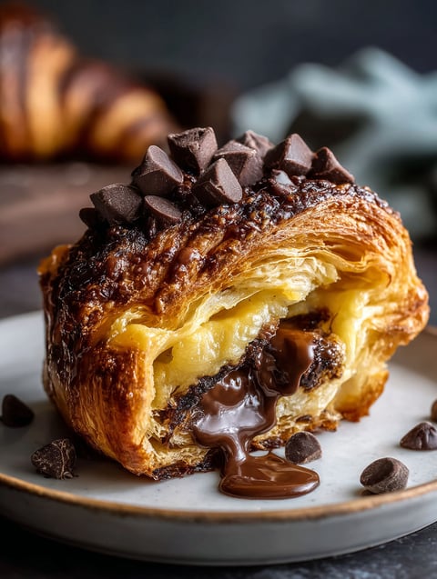 Chocolate croissant topped with melted chocolate drizzle.