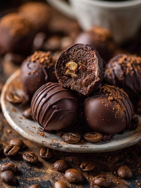Chocolate truffles on a plate topped with nuts.