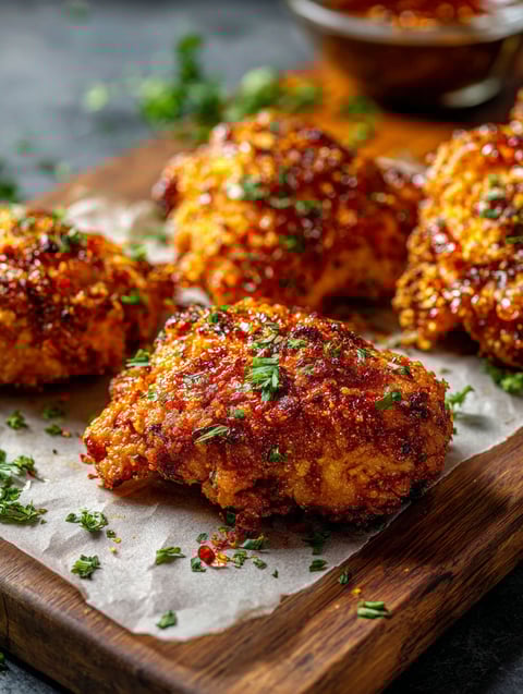 Hot honey chicken on a wooden board.