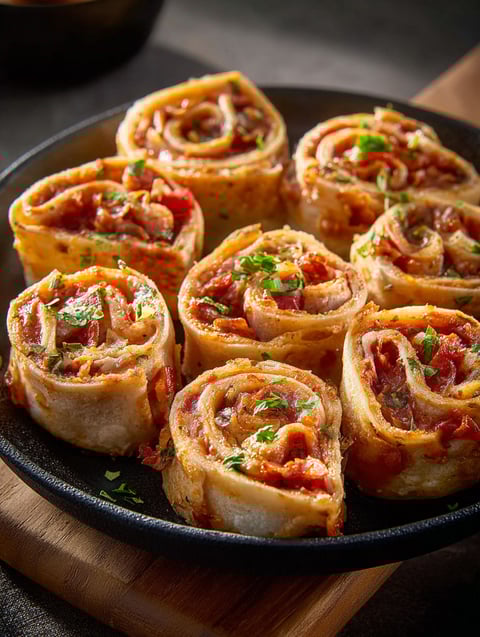 A plate of tortilla pizza rolls.