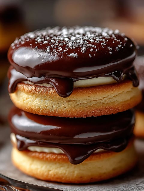 Chocolate coated stacked cookies.
