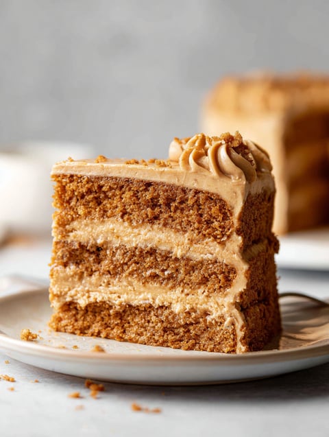 A slice of Biscoff cake on a plate.