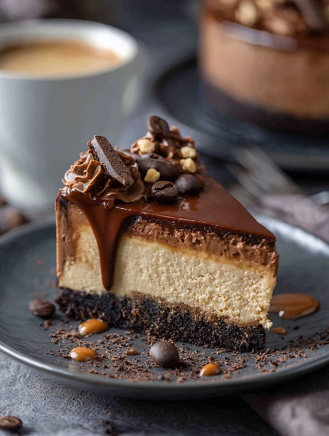 Slice of cheesecake drizzled with chocolate and topped with nuts