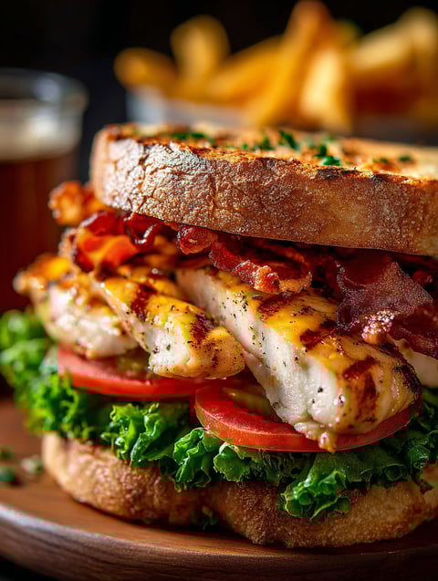 Close-up of a stacked grilled chicken club sandwich.