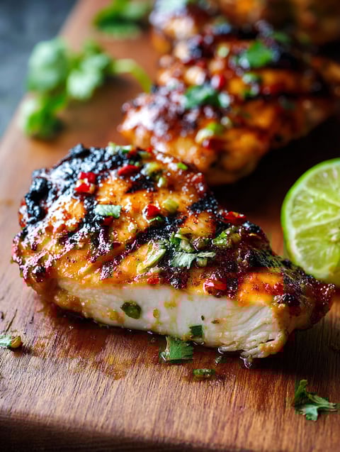 Grilled chicken piece topped with lime and chili.
