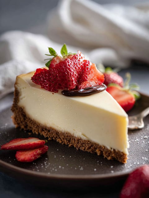 Slice of cheesecake with strawberries on top