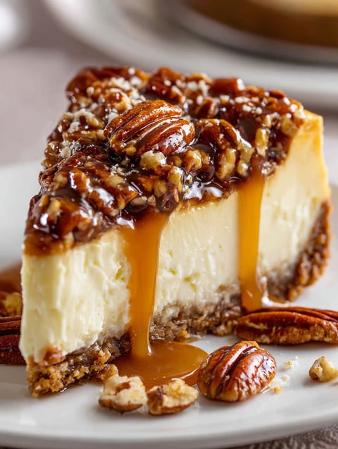 A slice of pecan cheesecake pie.