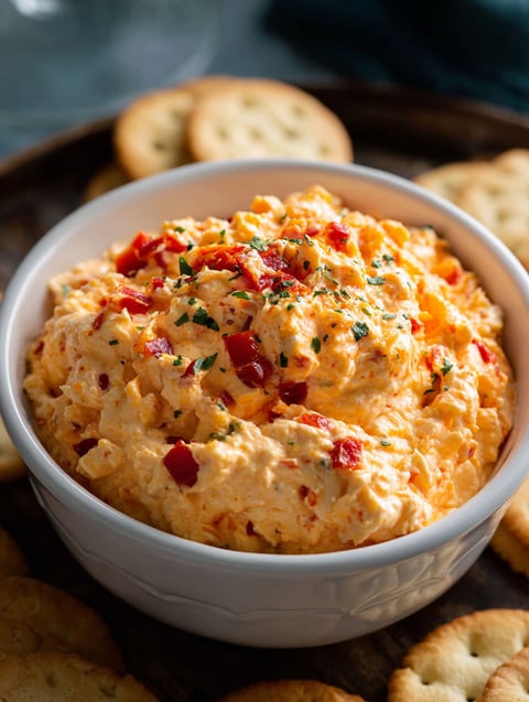Bowl filled with pimento cheese served next to crackers.
