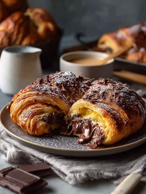 A chocolate croissant is on a plate.