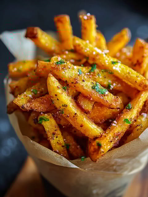 A basket of fries with a sprig of parsley on top.