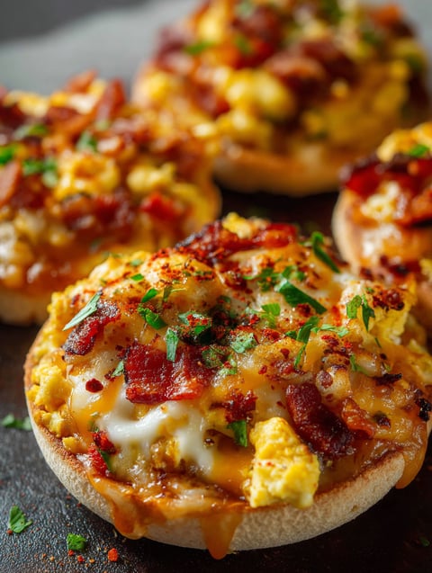 Cheesy bacon English muffin pizzas ready to eat.