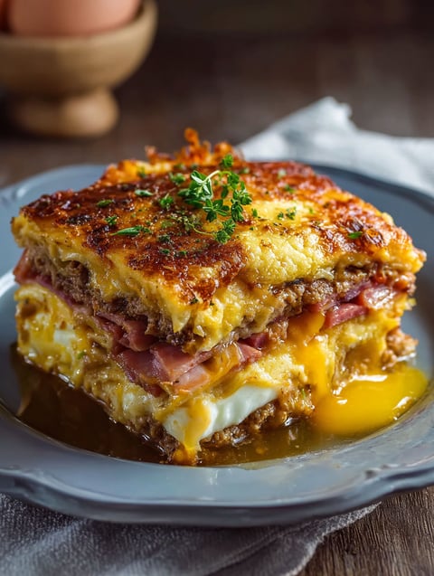 A breakfast lasagna on a plate.