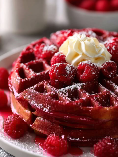 Red velvet waffles with whipped cream.