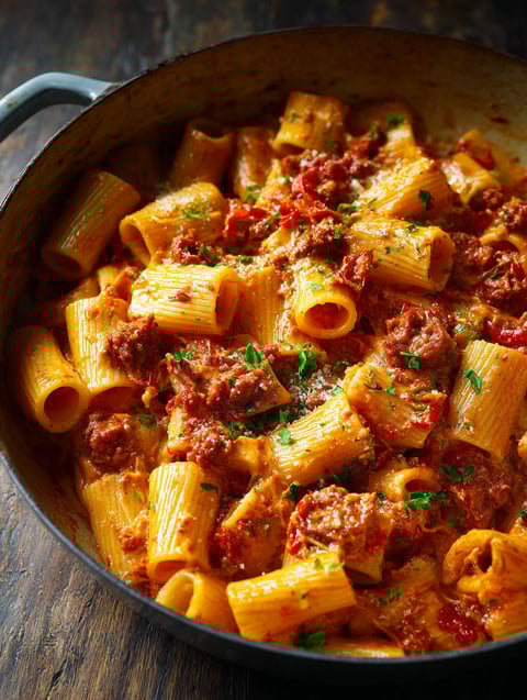A bowl with creamy chorizo pasta.