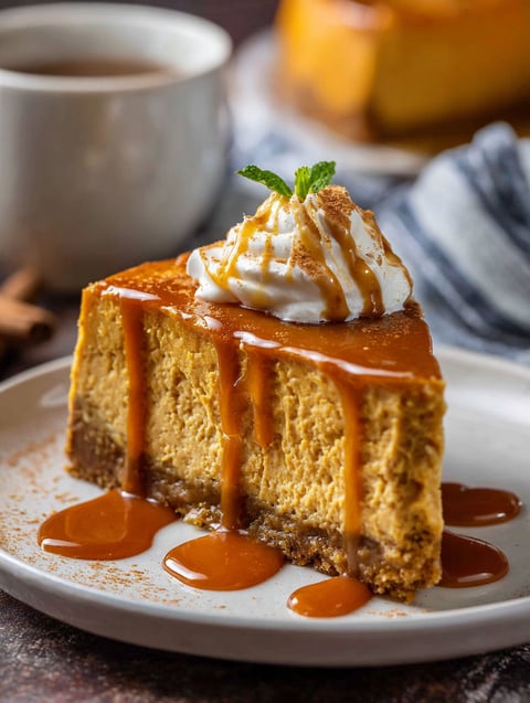 Slice of pumpkin cheesecake drizzled with caramel.