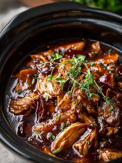 Close-up of crock pot filled with tasty cooked chicken