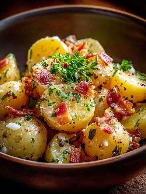 A warm bowl filled with German potato salad