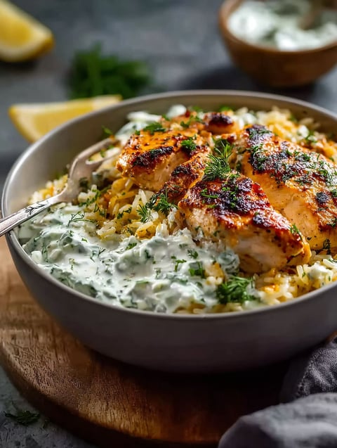 Close up of chicken and rice in a bowl