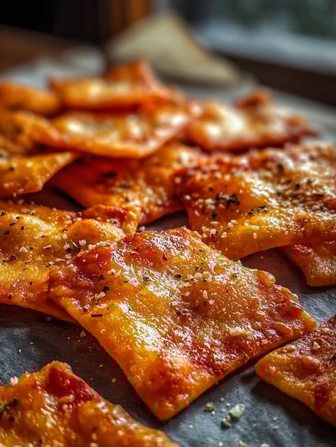 A stack of crunchy pizza chips.