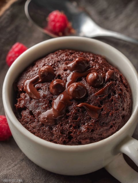 Chocolate muffin in a cup topped with chocolate drizzle.