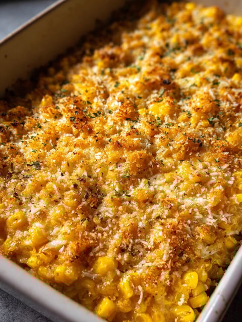 Close-up of cheesy baked corn with Parmesan.