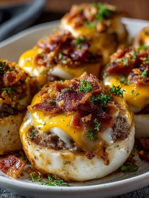 Cheesy bacon rollups drizzled with garlic butter.