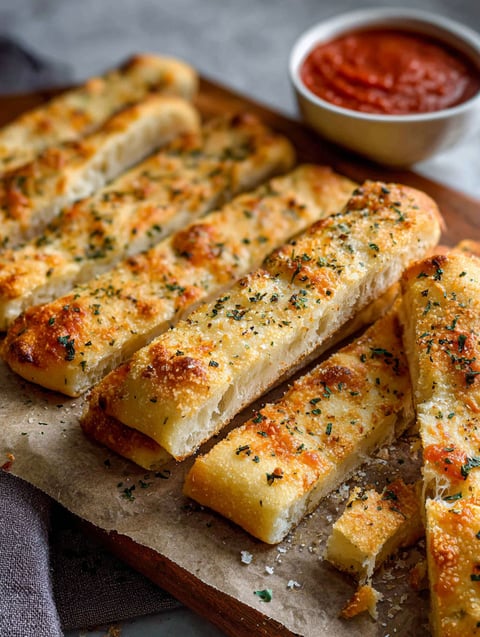 Cheesy herb-topped breadsticks on a plate