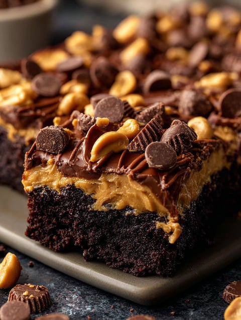 A piece of chocolate peanut butter cake with swirls.
