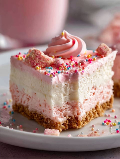 Slice of creamy chilled frosted animal cookie cheesecake.